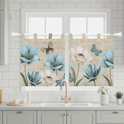 Spring Flowers Kitchen Curtains 24 Inch Length, Small Window Curtains Tab Top - Image 3