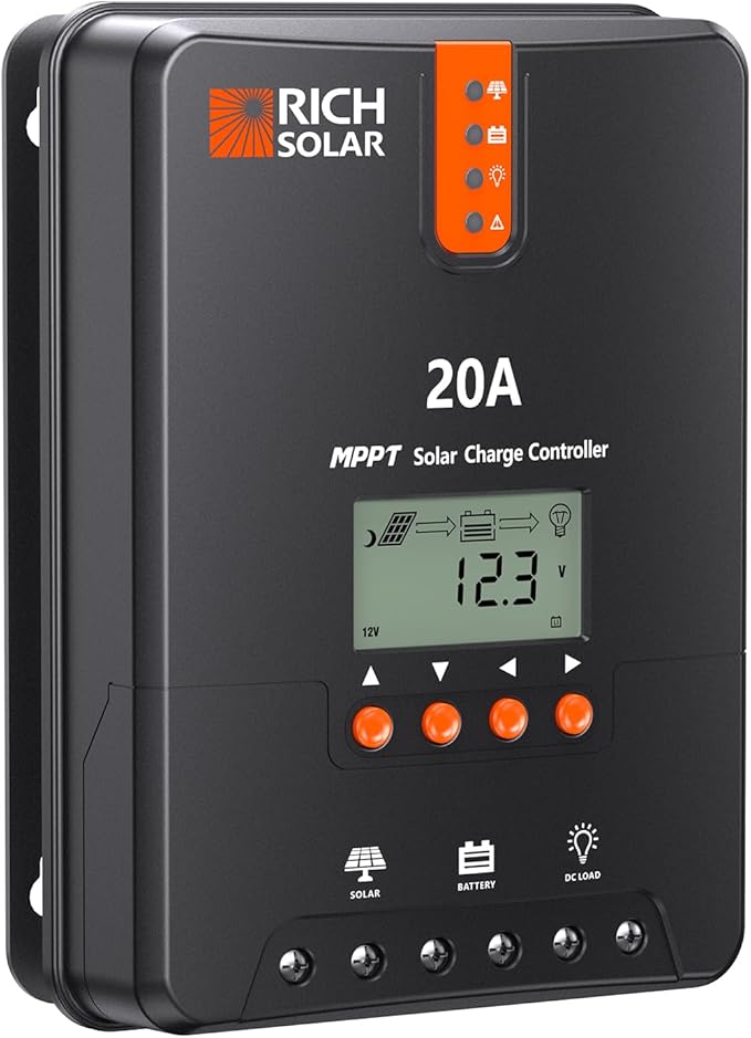 RICH SOLAR 20A MPPT Solar Charge Controller – High-Efficiency 12V/24V Auto Detection, 99% Tracking, Rugged Design for RVs, Boats & Off-Grid Systems