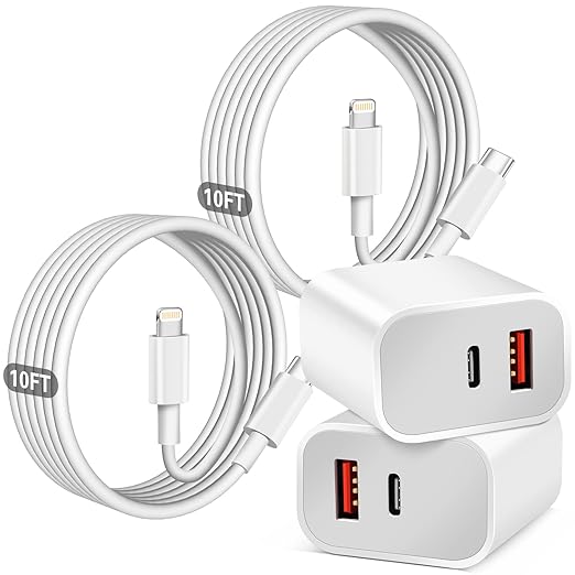 Fast Charger iPhone,Dual Port A/C iPhone Charger Fast Charging Adapter,2Pack Quick Double Phone Wall Charger Block,Apple Charger Block 10FT USB C to Lightning Cable foriPhone 14/13/12/11/ProMax/XS/XR