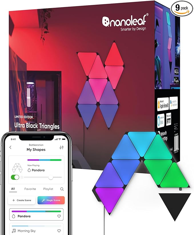 Nanoleaf Shapes Black Triangle LED Wall Lights, Smart RGBW Gaming Lights for Room & Modern Decor, 16M+ Colors with Music Sync, Works with Alexa & Google Assistant, DIY Wall Art (9-Pack Smarter Kit)