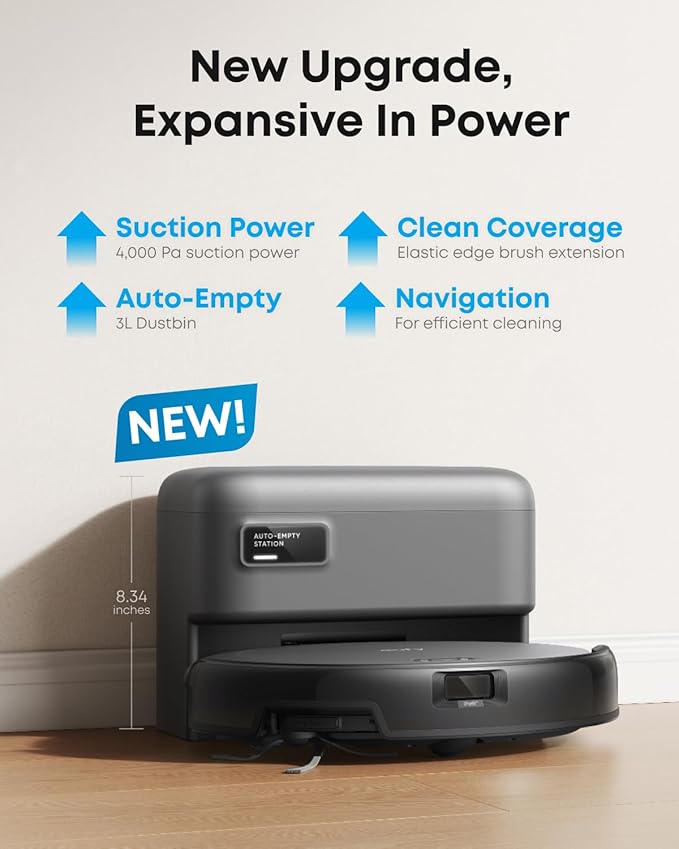 eufy C10 Robot Vacuum Self Emptying, 8 Weeks Hands Free, Advanced Smart Mapping with LiDAR Navigation, 2.85-Inch Slim Design, Powerful Suction, Edge Expansion Brush for Pet Hair, Carpet Detection