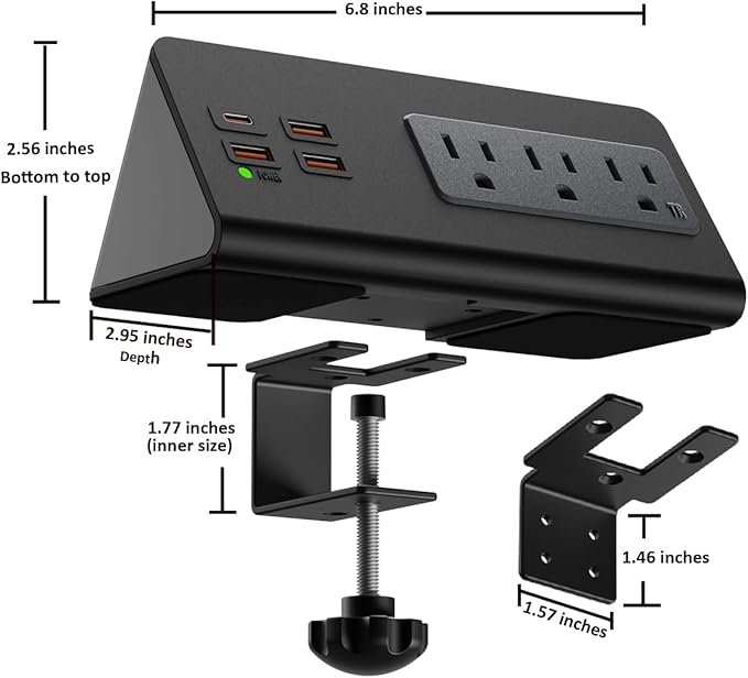 Upgraded Version Edge Mount Power Strip with USB-C Ports Tabletop Surge Protector Desk Clamp Power Sockets with 3 AC Outlets &4 Fast Charging USB Ports for Home Office Hotel Dormitory (Black - 1pack)