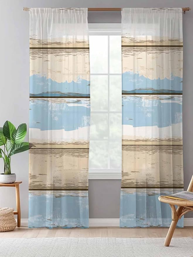 Sheer Curtains 96 Inches Long, Vintage Geometric Blue Semi Sheer Curtains Light - Image 5