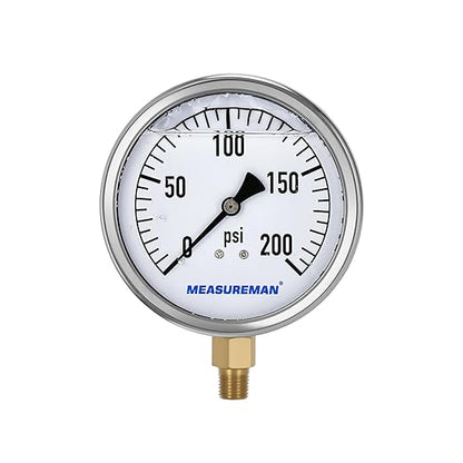 MEASUREMAN Glycerin Filled Plumbing Pressure Gauge 0-200psi Stainless Steel Case by MEASUREMAN