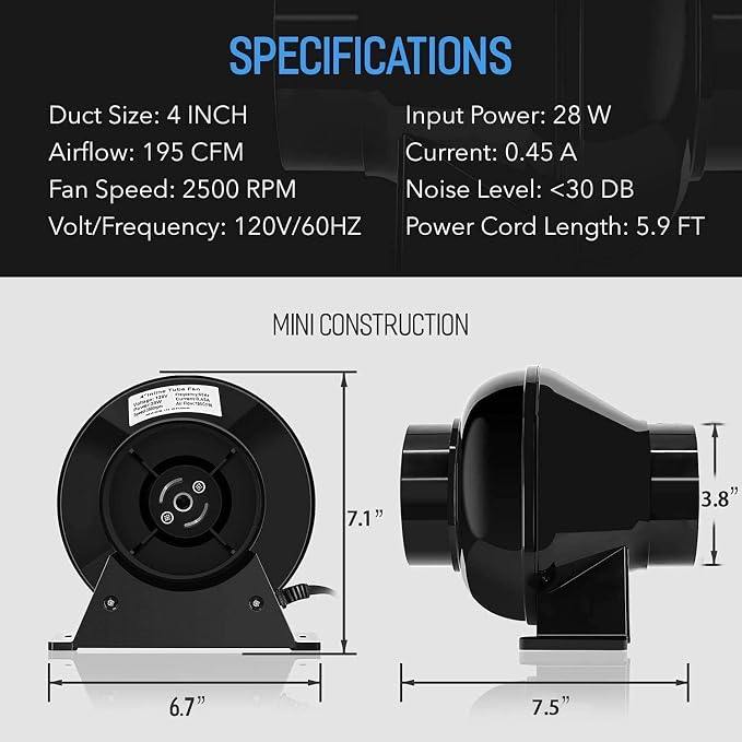 iPower 4 Inch 195 CFM Inline Fan Vent Blower, Upgrade Air Carbon Filter - Image 5
