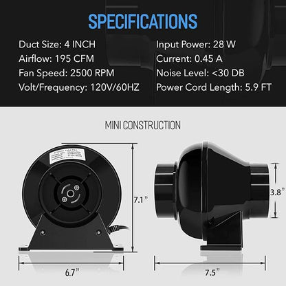 iPower 4 Inch 195 CFM Inline Fan Vent Blower, Upgrade Air Carbon Filter - Image 5