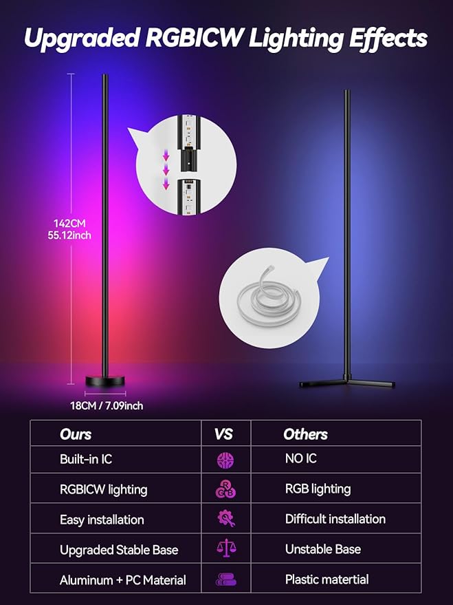 Corner Floor Lamp, LED Corner Lamp with App and Remote Control, RGBICW 16 Million DIY Colors & 68+ Scene, Music Sync, Color Changing Smart Ambient Light for Living Rooms, Bedrooms, and Gaming Rooms