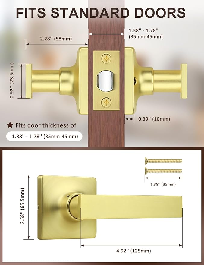 Mengico 6 Pack Passage Door Levers Gold Finish, No-Locking Keyless Square Door Knob, Interior Door Handles for Closet and Hallway, Reversible for Left & Right Handed