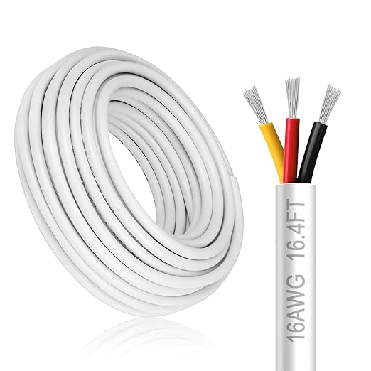 DEKIEVALE 16 Gauge 3 Conductor Electrical Wire, 16.4FT White Stranded Low Voltage 16/3 Cable PVC Case, 16 AWG Tinned Copper 3 Wire Cable, Flexible Extension Power Cord for LED Lamp Lighting Automotive