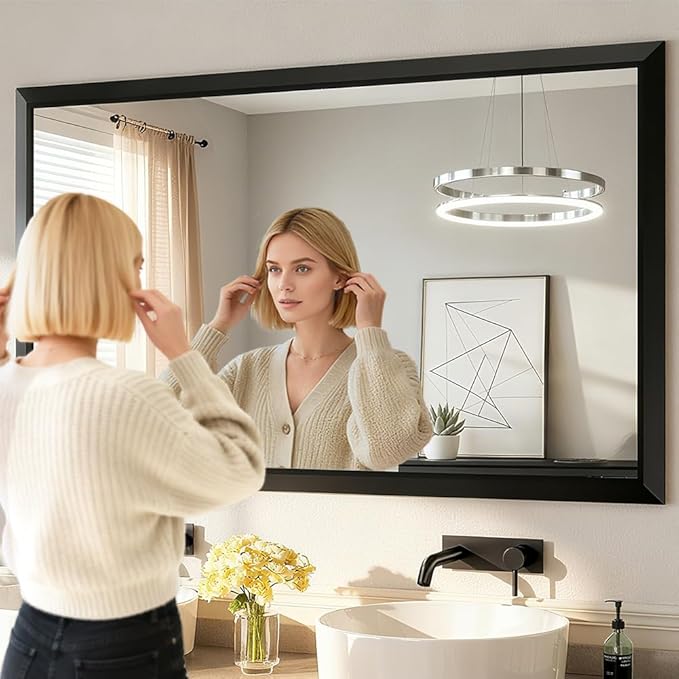 SMIROR Matte Black Bathroom Mirror for Over Sink 60x 30 inch, Metal Thick Frame Rectangle Vanity Mirror for Wall, Anti-Rust, Horizontally or Vertically Mounted