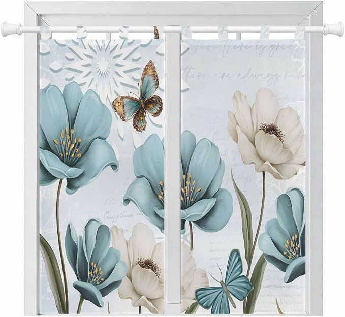 Blue Tulips Bathroom Curtains 63 Inch Length, Window Curtains Tab Top, by Unknown