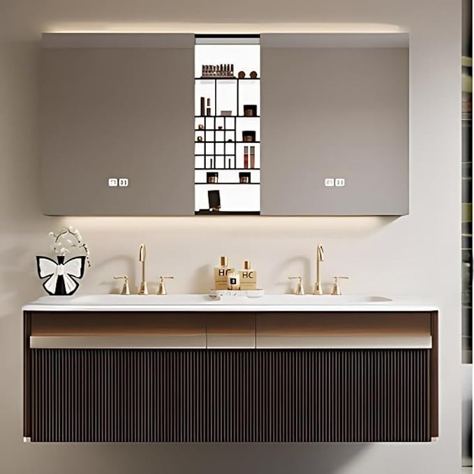 Bathroom Vanity with Double Sink - Bathroom Cabinet Vanity Including Grille Shaped Panel | Bathroom Vanity Double Sink, Soft Light LED Lights & Smart Defogging Mirror (Mirror Cabinet, 56IN)
