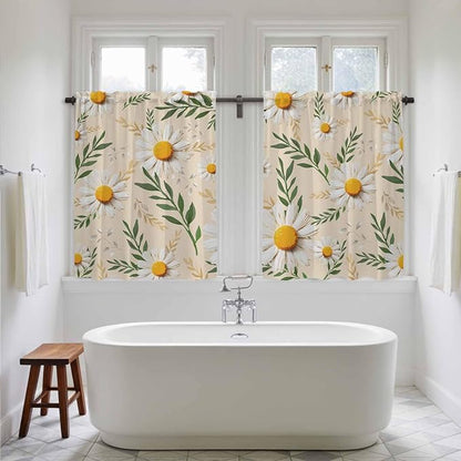 Spring Daisy Tier Curtains, Country Watercolor Flower Leaf Plant Light - Image 5