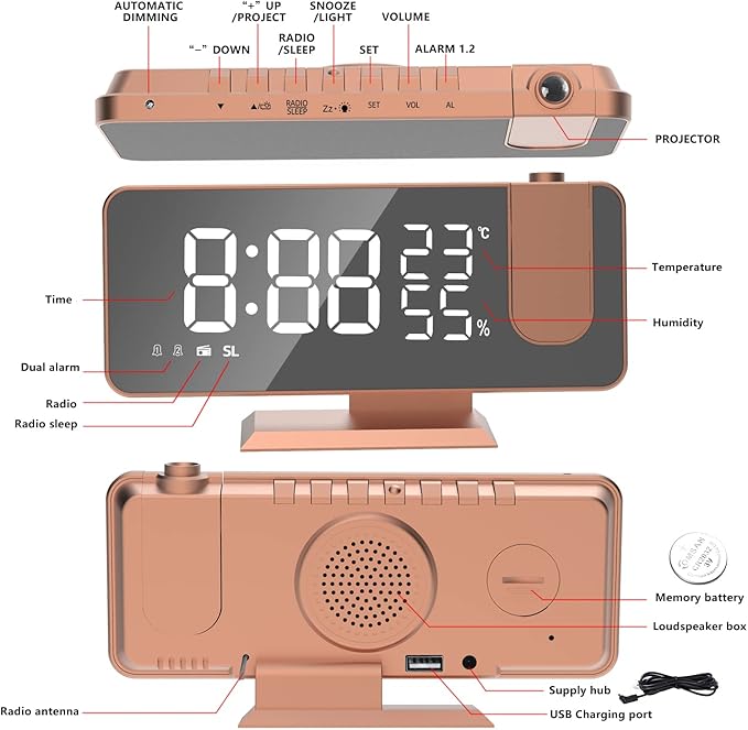 Mightree Projection Alarm Clock for Bedroom, Digital Alarm Clock with USB Charger, 7.4" Large LED Mirror Display Radio Alarm Clock, Dual Smart Alarm with Projection on Ceiling, Rose Gold