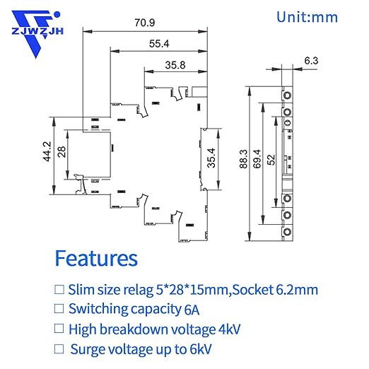 Electromagnetic Relay 24V DC/ 24V AC SPDT 6A with LED Indicator, Socket Base, DIN Rail, Ultra Thin 6.2mm, UL CE VDE Certification