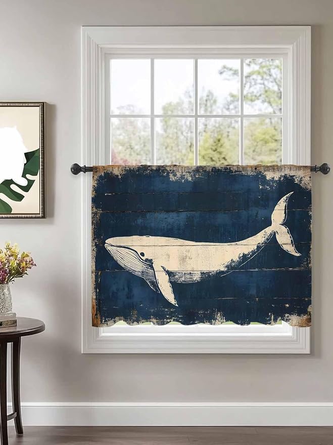 Sheer Curtains 45 Inch Length, Ocean Whale Blue Semi Sheer Curtains Light - Image 2