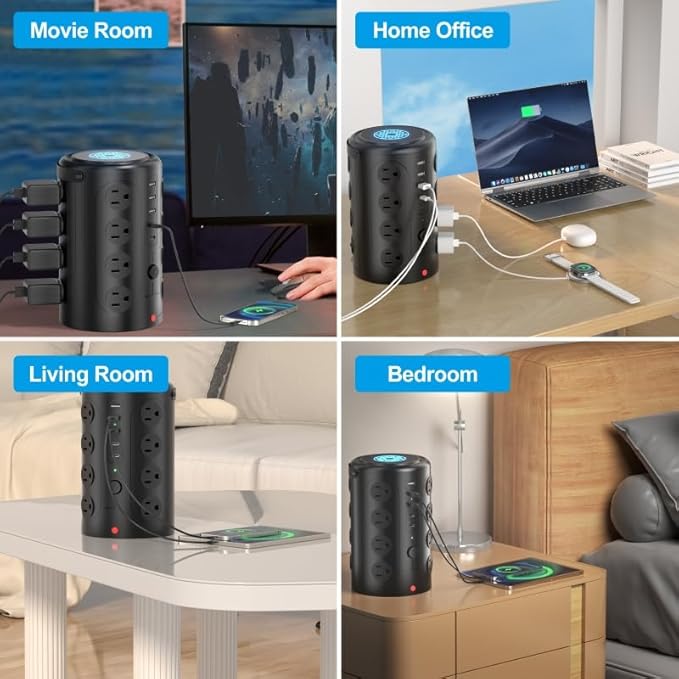 Tower Power Strip with 15W Wireless Charger, 15FT Extension Cord with Multiple Outlets, 16 AC Outlets & 5 USB (2 USB C) Charging Station Surge Protector for Office Home Dorm Room (Black)