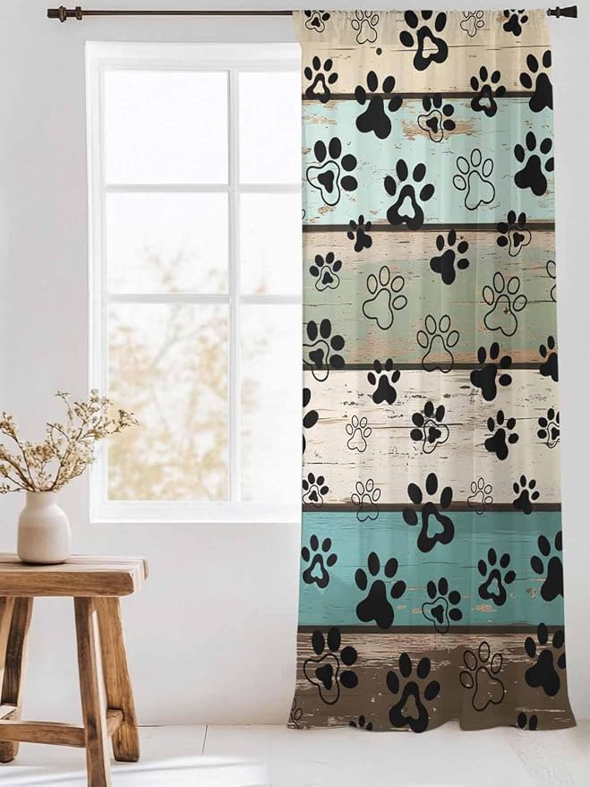 Sheer Curtains 96 Inches Long, Sage Green Brown Paw Prints Semi Sheer Curtains - Image 3