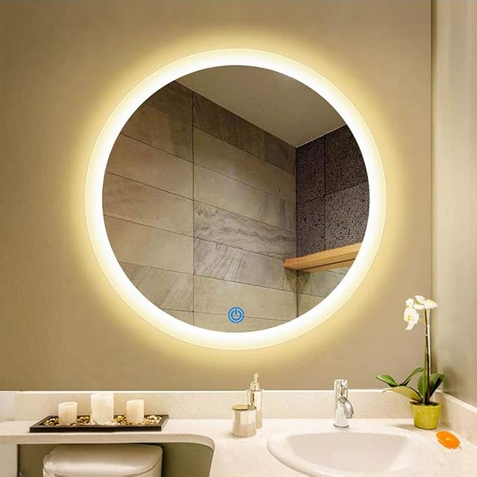 Bathroom Mirror with LED Light and Demister Pad Touch Sensor Wall Mounted Round by Unknown