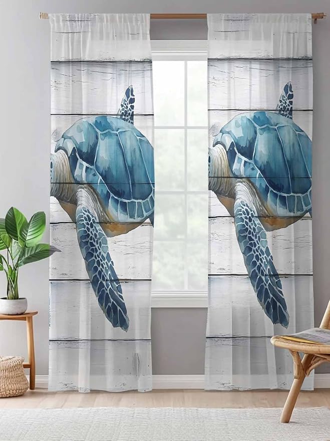 Sheer Curtains 84 Inches Long, Sea Turtle Blue Semi Sheer Curtains Light - Image 5