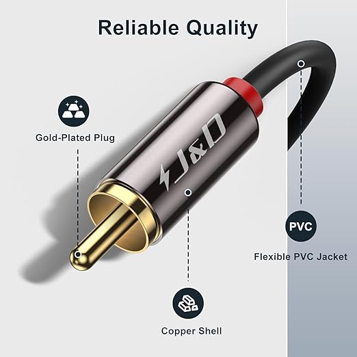 J&D 2 RCA M/M Stereo Audio Cable, Gold-Plated 2RCA Male to 2RCA Male Copper Shell Auxiliary Audio Cord for Home Theater HDTV Amplifiers Hi-Fi Systems Speakers, RCA Audio Cables, 12 Feet