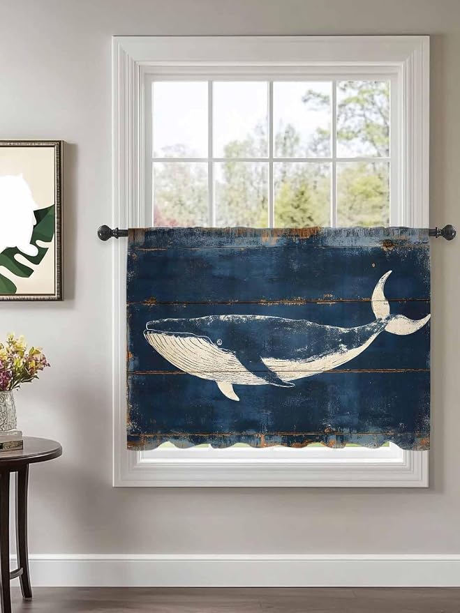Sheer Curtains 45 Inch Length, Summer Whale Blue Semi Sheer Curtains Light - Image 2