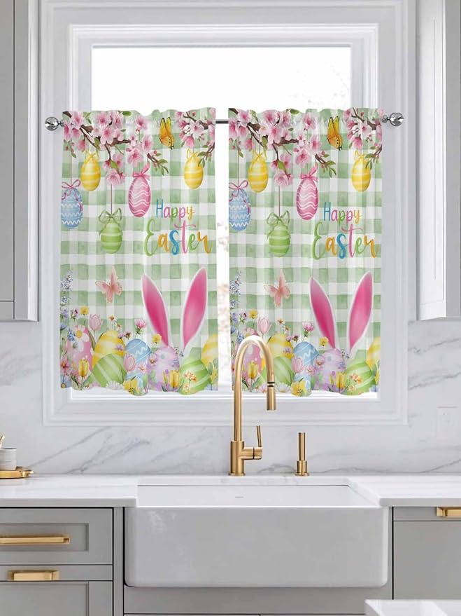 Happy Easter Kitchen Curtains 45 Inches length, Spring Bunny Eggs Flower Sage - Image 3