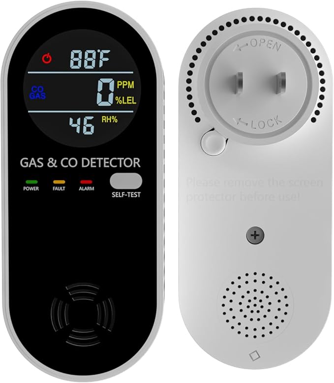 Natural Gas Detectors &Plug in Carbon Monoxide Detector， 4 in 1 Co and Gas Detector Temp Humidity Monitor，Propane, LPG, Gas Detector for Home，Kitchen,Hotels，RV.（1 Pack）