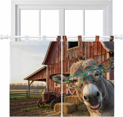 Farm Donkeys Kitchen Curtains 45 Inch Length, Short Cafe Window Curtains Tab Top by Unknown