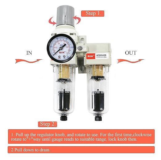 RIH Pneumatics 1/4'' NPT Auto Drain Compressed Air Double Filter & Regulator - Image 5