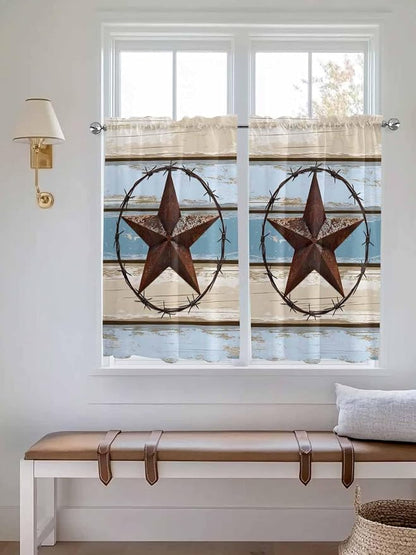 Vintage Western Star on Wood Grain Window Valance Curtains, Retro Wooden - Image 3