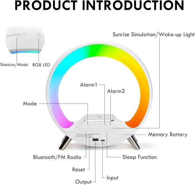 GuDoQi Sunrise Alarm Clock with Fast Wireless Charger Station and Bluetooth, Full Screen with Sunrise Simulation Light, Sleep Aid, Dual Alarms, FM Radio, More Than 10 Colors Nightlight for Bedrooms