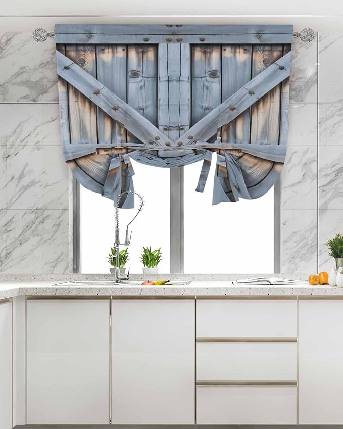 Tie Up Curtains for Windows, Farmhouse Wood Grain Adjustable Balloon Nature - Image 4