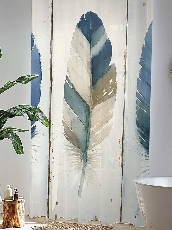 Sheer Curtains 96 Inches Long, Boho Blue Feathers Semi Sheer Curtains Light - Image 4
