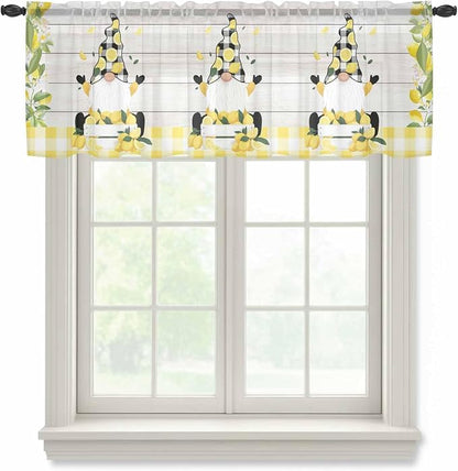 Lemon Dwarfs Sheer Valance Curtains, Gnome Green Leaf Wood Striped Black Plaid by Houseown