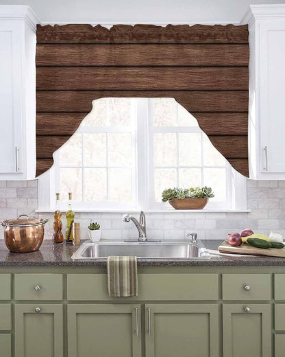 Brown Wooden Board Swag Kitchen Curtains Valance and Tier Set, Vintage Wood - Image 2