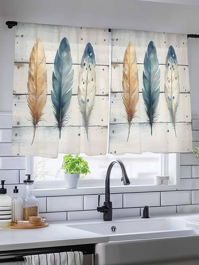 Sheer Curtains 54 Inch Length, Boho Blue Feathers Semi Sheer Curtains Light - Image 5