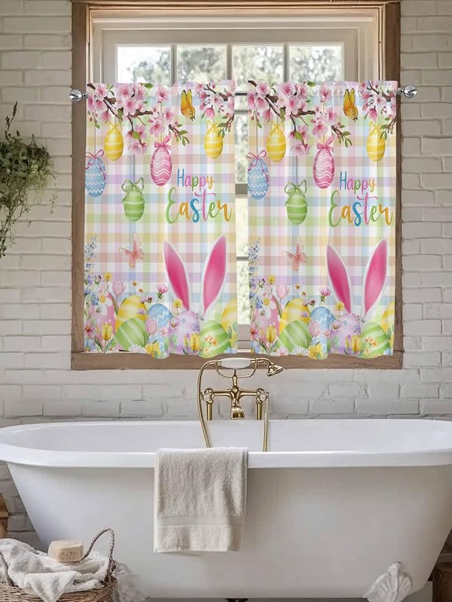 Happy Easter Tier Curtains 45 Inches Long, Spring Bunny Colorful Eggs Flower - Image 7