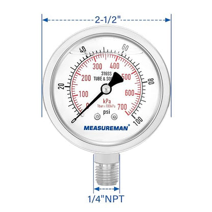 MEASUREMAN Pressure Gauge 1/4 NPT, 0-100psi/kPa Fully Stainless Steel Hydraulic - Image 7