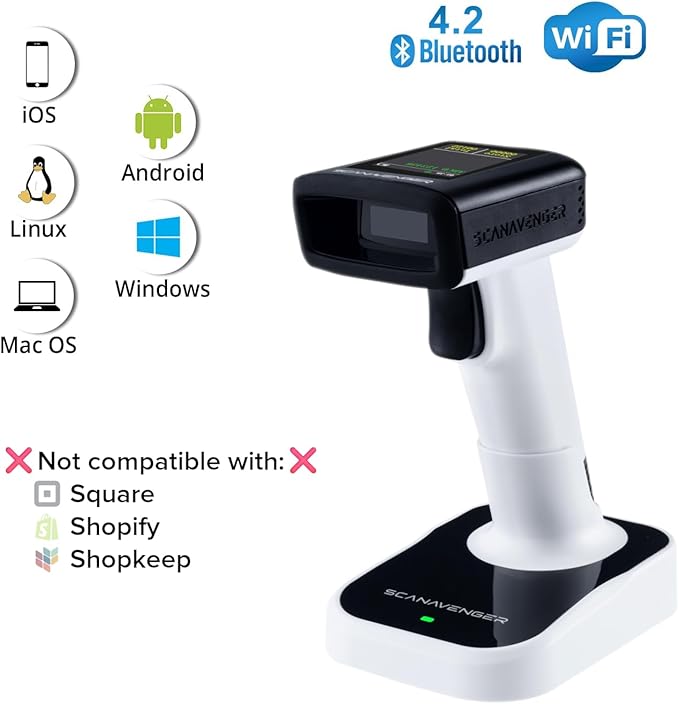 ScanAvenger Wireless Portable 1D with Stand Bluetooth Barcode Scanner: Hand Scanner 3-in-1, Cordless, Rechargeable Scan Gun for Inventory (1D&2D with LCD Display and Upgraded Next Gen Stand)
