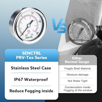 SENCTRL 0-200 psi Pressure Gauge, 1/8 NPT Back Mount, Waterproof, Stainless - Image 3