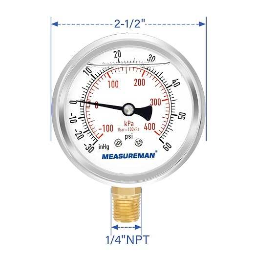MEASUREMAN 2-1/2" Dial Size, Glycerin Filled Pressure Gauge, 30inHG-60psi - Image 7