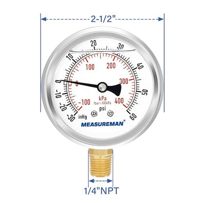 MEASUREMAN 2-1/2" Dial Size, Glycerin Filled Pressure Gauge, 30inHG-60psi - Image 7