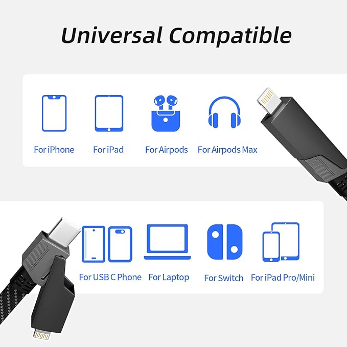 Firsting 4 in 1 Charging Cable 240W MAX, USB C Cable Fast Charger Cord with E-Mark Chip, USB A/C to C/Lightning Cable, Multi iPhone Charger Cord for iPhone16/15/14/13 Series/Phones/Pads and Laptop
