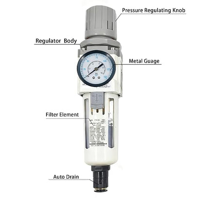 XingNEeng 3/8" NPT Compressed Air Filter Regulator Combo Piggyback, Water/Oil - Image 2