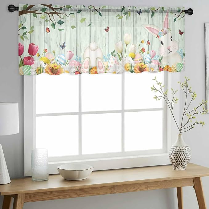 Easter Sheer Valances for Windows 42"x18", Light Filtering Kitchen Curtains - Image 2