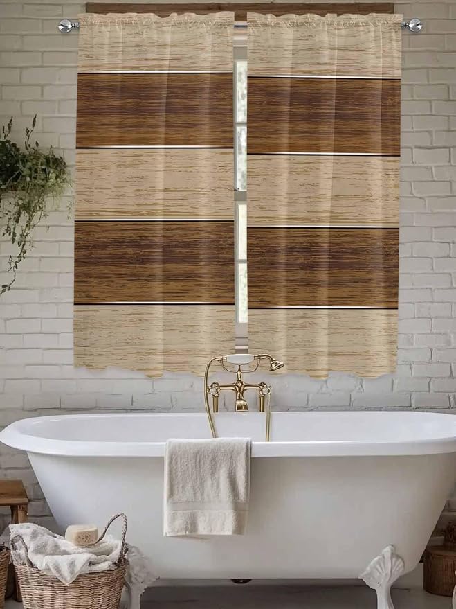 Retro Country Brown Wooden Board Window Valance Curtains, Farmhouse Gradient by IDOWMAT