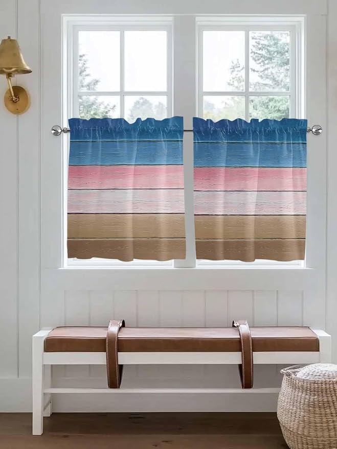 Blue Pink Brown Gradient Wood Grain Window Valance Curtains, Vintage Wood Board - Image 2