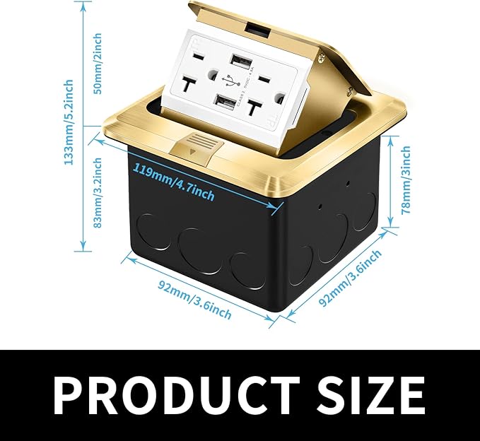 Vagueior Pop Up Floor Electrical Outlet Stainless Steel Box Kit, 5V/4.8A USB Outlet, 20A Tamper-Resistant Receptacle Outlet, Waterproof Power Socket, ETL Certified，Gold（1Pack