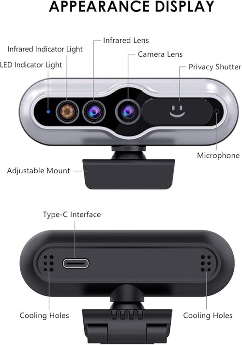 2K HD Webcam with Infrared Windows Hello Facial Recognition, Computer Camera, Privacy Cover, Noise Canceling Microphones, Laptop Webcam For Video Conferencing, Live, Streaming, Online Learning